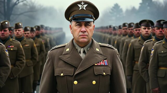portrait of general standing in front of row of soldiers before battle, retro style. world war. historical concept of discipline and leadership. military history.