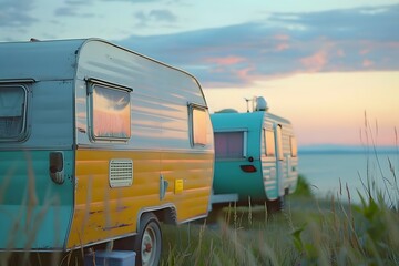 Vintage Caravan Sunset: Two Retro Trailers Parked by the Sea, Enjoying the Golden Hour with Breathtaking Ocean Views during a Serene Summer Vacation. Coastal Camping Adventure.