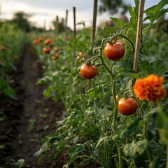 Ripe tomatoes growing in a garden on a sunny day