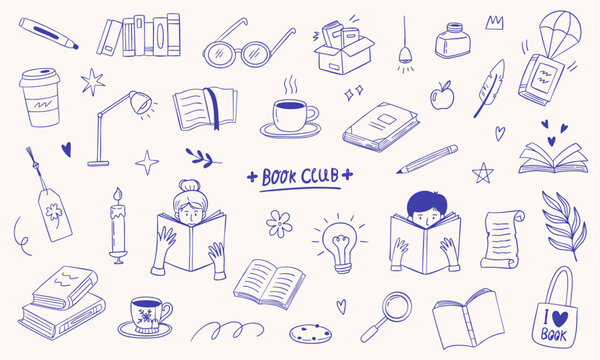 book club reading - doodle sketch hand-drawn illustration collection