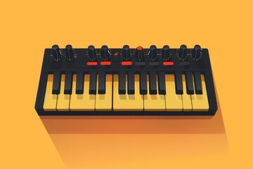 Colorful Mini Keyboard with Knobs on Bright Yellow Background