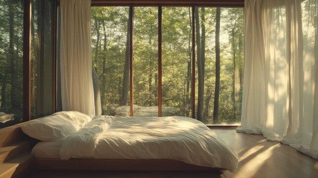 Cozy bedroom with forest view, natural light, and comfortable white bed.