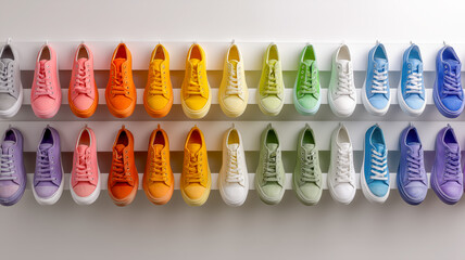 Rainbow of canvas sneakers displayed on a white wall, arranged by color in two rows. Colorful footwear concept.