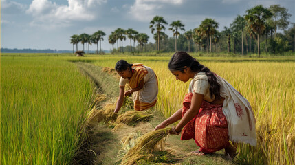  Traditional Assamese women harvesting paddy during the Rongali Bihu festival, reflecting agrarian joy.
