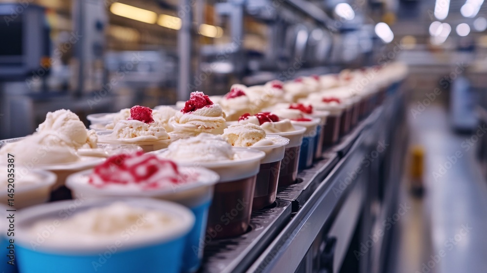 Poster Rows of ice cream cups move through an automated production line in a factory, featuring various flavors and toppings like fruit and syrups