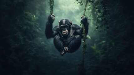 Fototapeta premium Chimpanzee hanging in lush jungle canopy