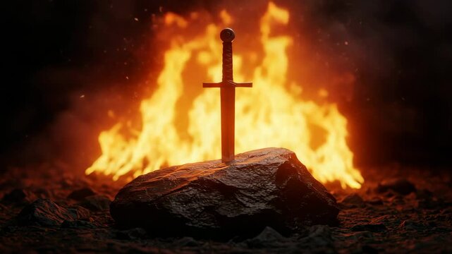sword stucked in rock with fire background