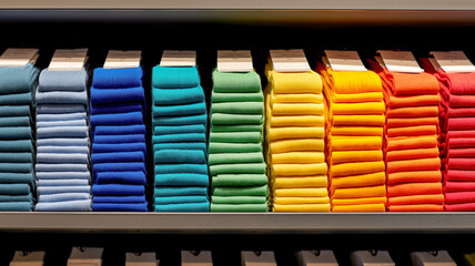 Colorful socks are stacked on a shelf. Arranged in a spectrum, from light blue to dark red, offering a variety of choices.