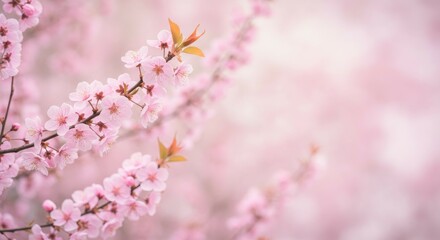 Blooming Cherry Blossom Branch with Soft Pink Flowers in Spring