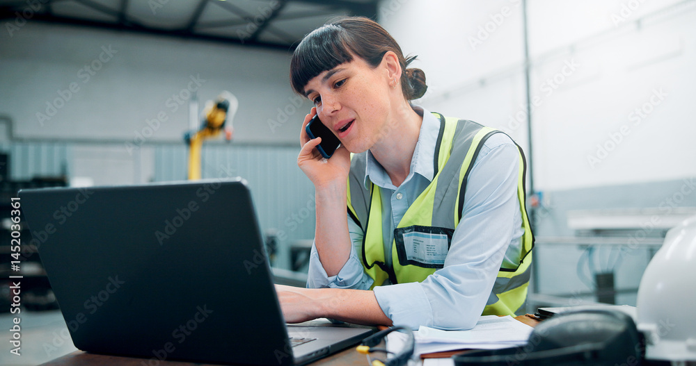 Poster Engineer, laptop and phone call in robotics warehouse for manufacturing schedule, planning and project management. Woman, operator and tech in industrial factory for automation update with contact