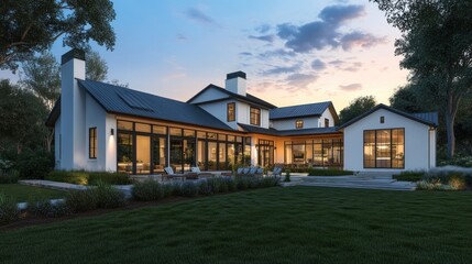 Obraz premium Modern farmhouse exterior at dusk