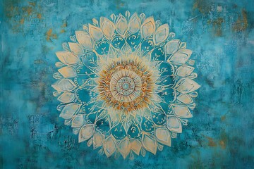Artistic textured turquoise backdrop displays a golden floral mandala in a stylized, vibrant aesthetic