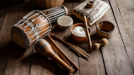  A cultural flat lay of traditional Bihu instruments including the Dhol, Pepa, and Taal, ideal for educational visuals.
