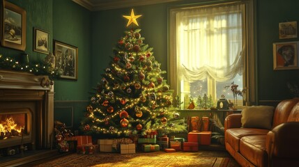 Cozy Christmas interior with a decorated tree.