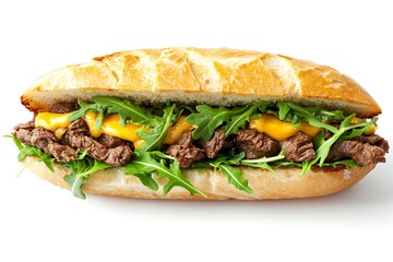 Delicious steak sandwich with melted cheese and arugula on a white background looks inviting