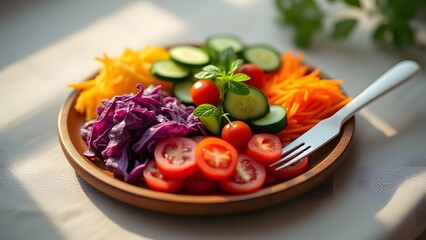 Vibrant Rainbow Veggie Salad Bowl with Fresh Cucumber, Carrot, Tomato, and Red Cabbage