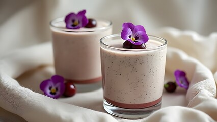 Elegant Creamy Dessert in Glasses with Pansies