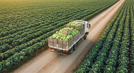 Cabbage Harvest Truck Driving Through Field