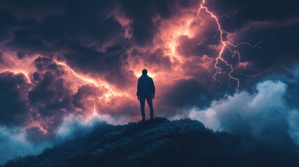 A silhouetted man stands on a mountain during a lightning storm.