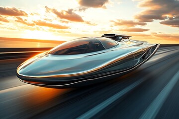 Obraz premium Futuristic metallic car speeds along highway with sunset sky and blur motion effect