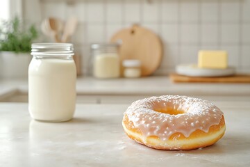 Iced donut alongside a glass mason jar filled with milk sits upon the counter
