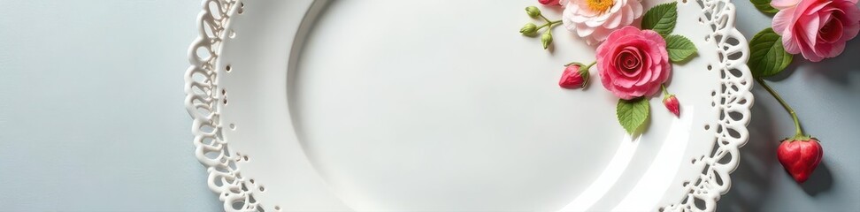 Delicate white lace-edged plate, floral motifs, simple setting , object, detail