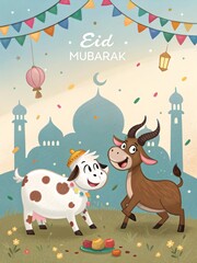 Naklejka premium Playful Eid al-Adha Animal Parade with Mosque and Balloons