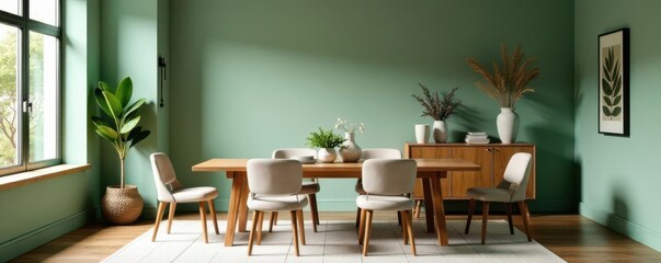 Elegant Scandinavian dining room Eucalyptus green accents, wooden table, herbs, stylish accessories , eucalyptus, vintage