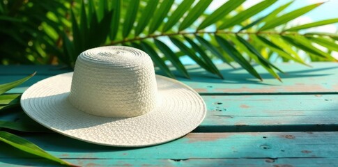 Elegant white straw hat shaded by lush green palm leaves on weathered wood , escape, template