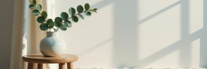 Eucalyptus in vase, wooden stool, fluffy rug, soft light, wood, stock photo, style