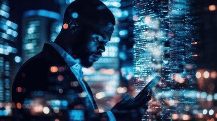 Focused man in a city setting using a tablet at night.