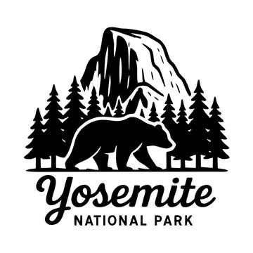 Yosemite national park monoline badge design with bear-vintage outdoor adventure