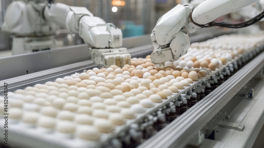 Poster Advanced robotic arms work seamlessly to pack eggs on a conveyor belt in an egg packaging facility. The automation enhances speed and precision during the process