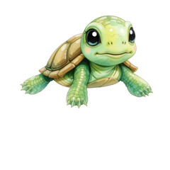 Fototapeta premium Cute green turtle with big eyes and brown shell looking forward with gentle expression