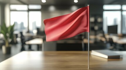 A red flag displayed prominently on a desk in a modern office space.
