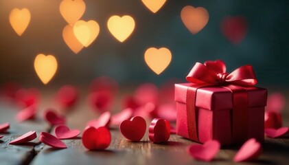 Scattered gift boxes with hearts, romantic bokeh , cute, texture