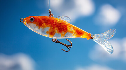 goldfish fishing lure underwater on blue sky background