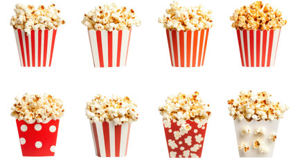 "Collection of Popcorn Pieces Cut Out and Isolated on White Background for Snack, Food, and Cinema Concepts"