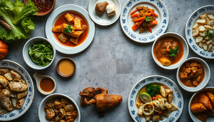 Dishes background. Set of dishes on the dining table. Food. Traditional cuisines of the world. Top view. Free space for your text, digital art. with white shades