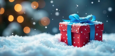 Snow-covered gift boxes with blue ribbon, festive bokeh , christmas gifts, xmas