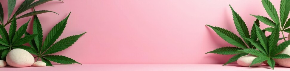 Soft pink background, premium display stand with marijuana leaves & stone accents ,  cannabis,  pastel