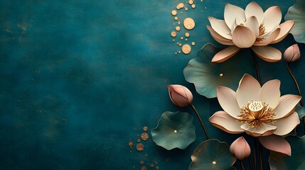 A painting of a field of white flowers with gold accents. The flowers are arranged in a row and are surrounded by a blue background. The painting evokes a sense of serenity and calmness