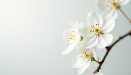 Delicate white blossoms against pure white backdrop, botanical, isolated, subtle