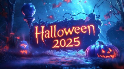 Halloween 2025 sign glows amidst a spooky forest scene.