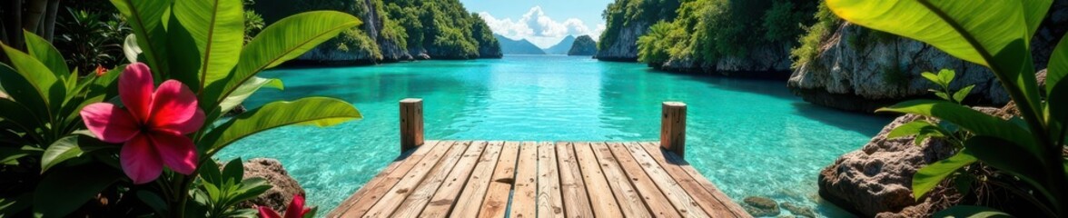 Fototapeta premium Weathered wooden dock, vibrant tropical flora framing crystal-clear water, flowers, leaves