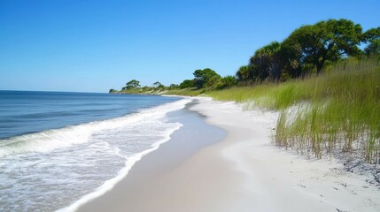A pristine beach with white sand, gentle waves and lush green vegetation.