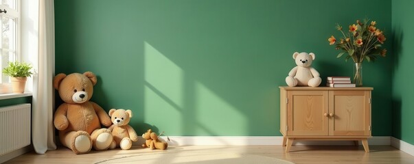 Wooden cabinet, natural teddy bears, soft toys, eucalyptus green walls, Scandinavian playroom , plush, wall