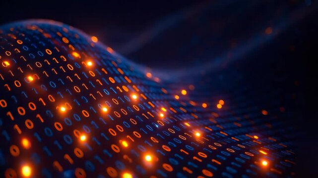 Digitally illuminated binary wave evolving patterns of code in motion.