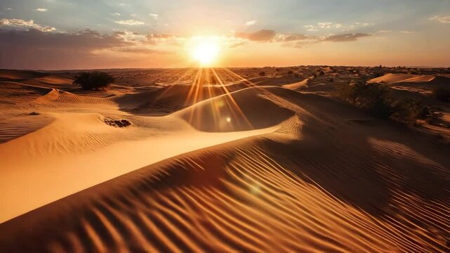 A beautiful desert landscape under a golden sunrise, highlighting the textured dunes. The sun casts rays across the sandy terrain, creating a warm and serene atmosphere of natural beauty and solitude.