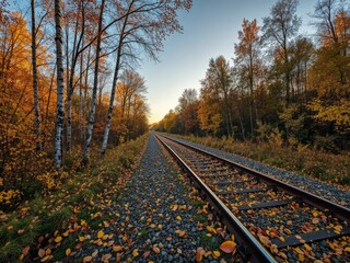 Fototapeta premium Abandoned Railway Line in Autumn Birch Grove